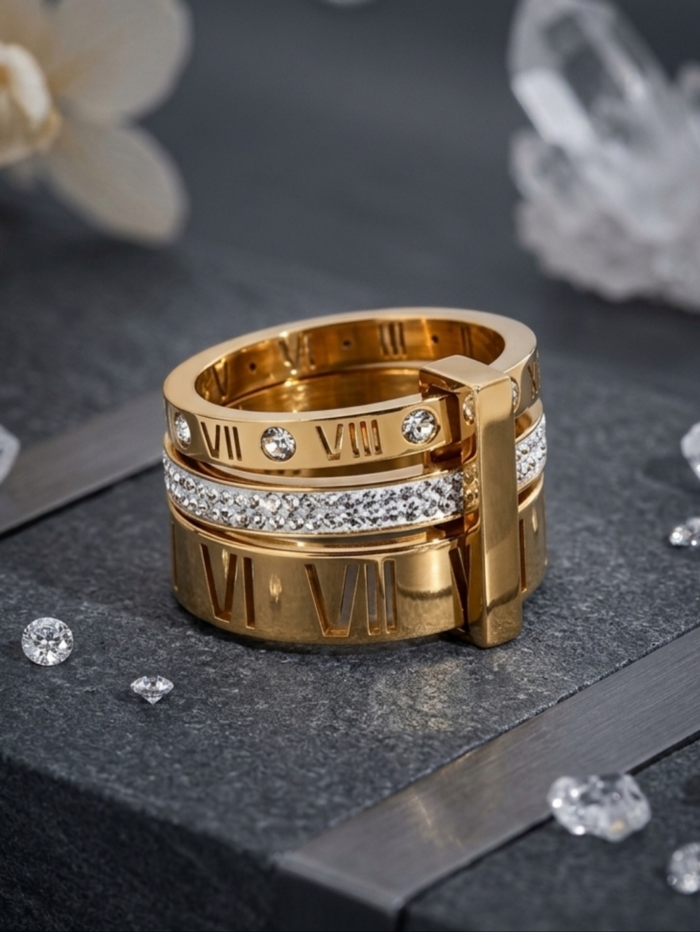Gold Roman Numeral Spinner Ring 3 in 1 CZ Pave Stackable Anxiety Band Sz 9